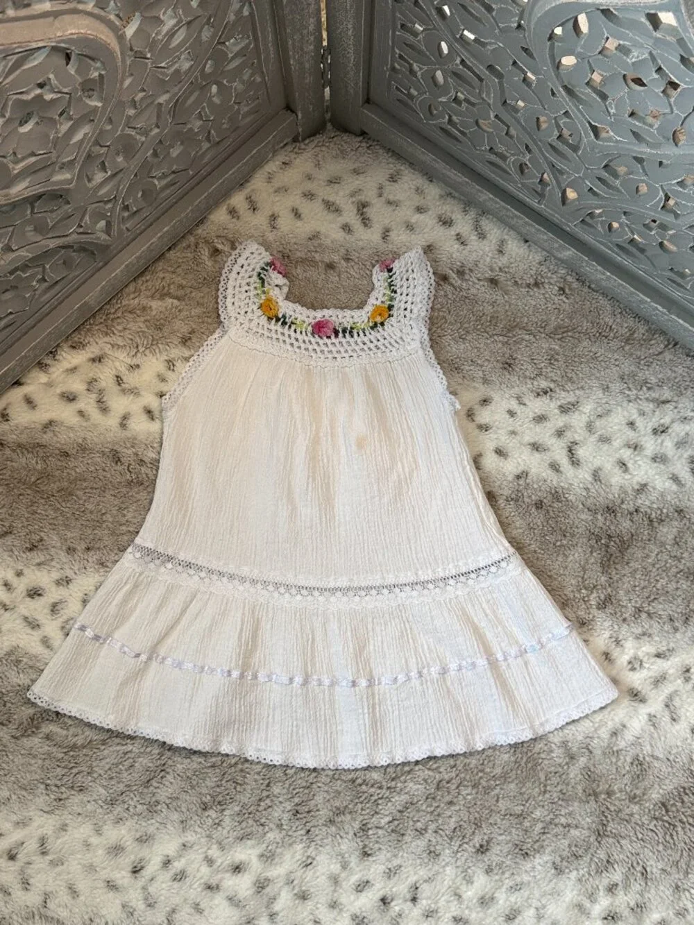 White fiesta dress girls 3T rainbow floral embroidery festival boho summer